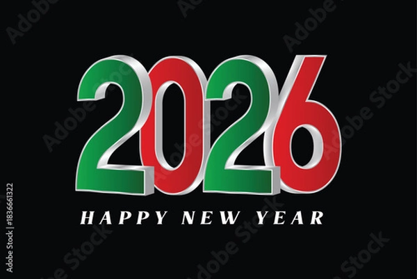 Fototapeta 3D Red and Green 2026 Happy New Year Typography on Black Background