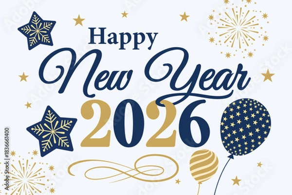 Fototapeta Elegant Happy New Year 2026 Celebration Design with Gold Stars, Balloons, and Fireworks
