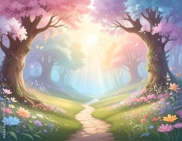 Obraz Whimsical forest scene with a path and vibrant pastel colors