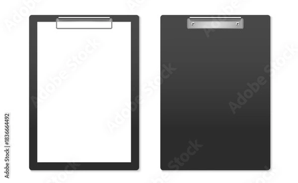 Obraz Realistic clipboard mockup with paper sheet and without. Paper on black board with holder for document, office, presentation. Vector illustration