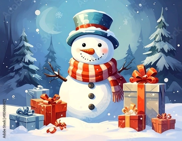 Obraz Whimsical snowman adorned with presents in a snowy winter scene