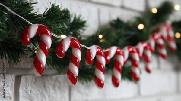 Fototapeta Candy cane garland hanging on evergreen branches with festive red and white striped ornaments