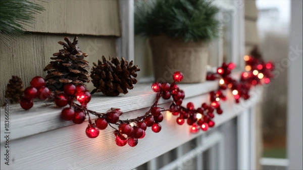 Fototapeta Red berry garland with glowing lights and pinecones decorating an outdoor windowsill in a cozy winter setting