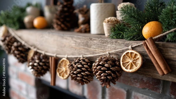 Fototapeta Rustic holiday garland with pinecones, dried orange slices, cinnamon sticks and evergreens decorating a wooden mantel