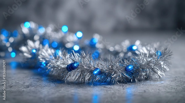 Fototapeta Silver tinsel garland with vivid blue LED lights on a cool gray surface
