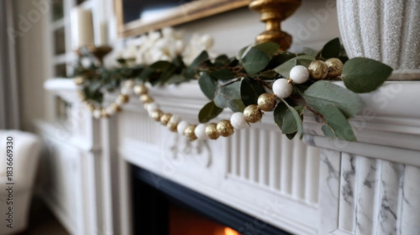 Fototapeta Gold and white bead garland combined with lush greenery decorating an elegant marble fireplace mantel