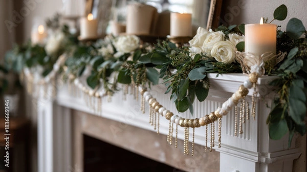 Fototapeta Elegant white and gold bead garland draped over a decorated mantel with candles and fresh greenery