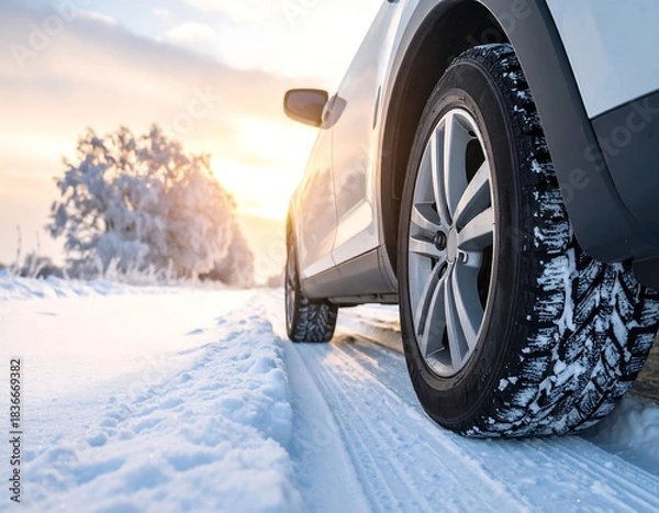 Obraz White vehicle with winter tires driving on a snow-covered road at sunset