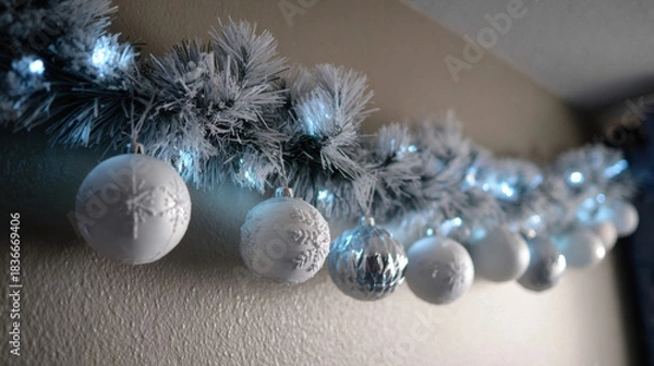 Fototapeta Frosted winter garland decorated with white and silver ornaments and cool blue lights creating a festive holiday atmosphere