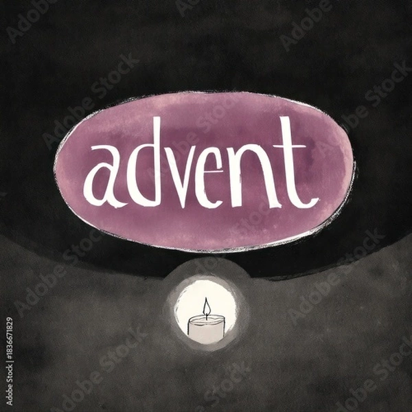 Fototapeta Artistic depiction of a candle's glow beneath an oval-shaped, purple Advent sign on a black background