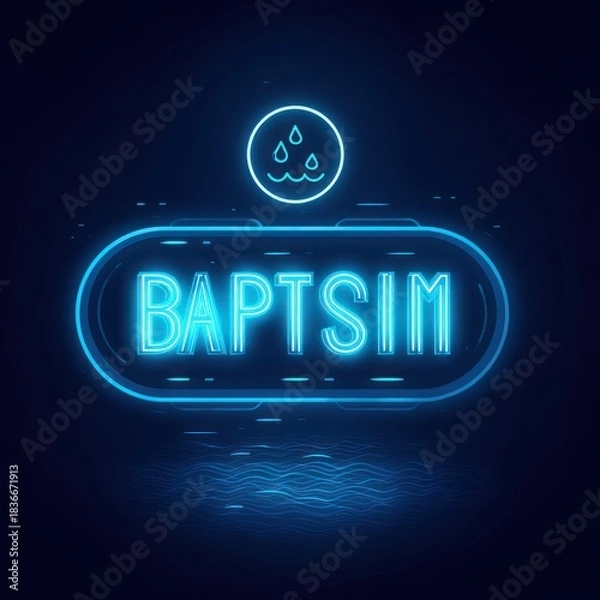 Fototapeta Glowing neon sign with "BAPTISM" illuminated, water drops above, dark blue backdrop