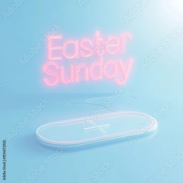 Fototapeta Glowing neon sign with "Easter Sunday" text and a simple glowing tablet on a light-blue surface