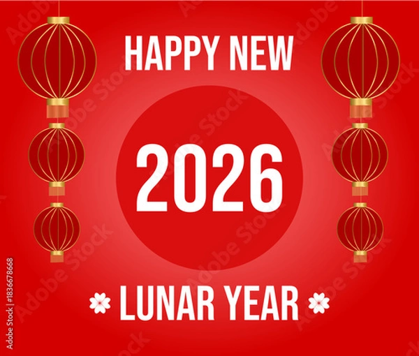 Fototapeta Greeting card with Chinese lanterns and the inscription "Happy Lunar New Year 2026"