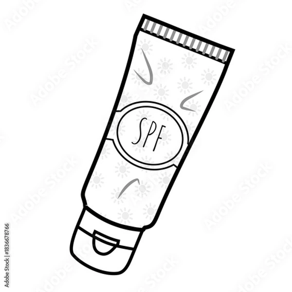 Fototapeta Sunscreen bottle and sun icon in a simple black line style. Sun protection and summer care concept