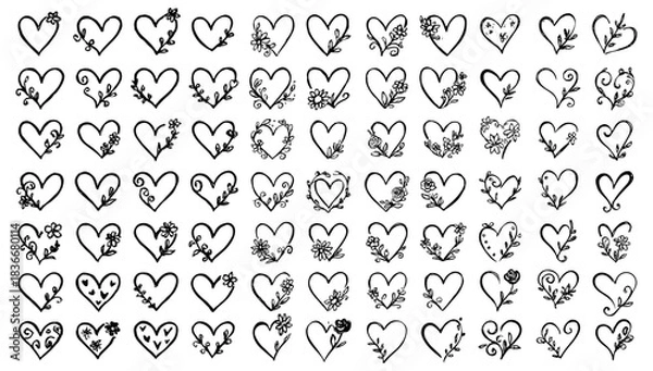 Obraz Cute hand drawn hearts with floral doodle decorative vector pattern