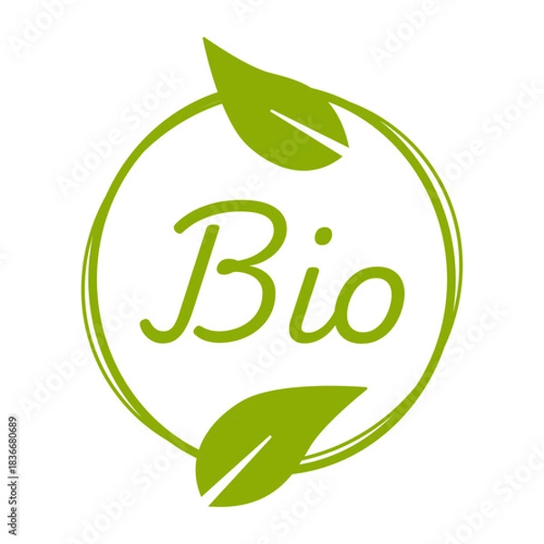 Fototapeta Natural Green Bio Eco Organic Biologic Round Circle Badge Sticker Stamp Info Label Sign Icon for Product and Package with Leaf Symbol. Vector Image.