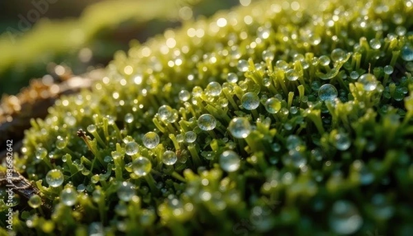 Fototapeta Lush green moss carpeted with sparkling dewdrops in a sunlit macro shot, highlighting the freshness and intricate beauty of nature's tiny ecosystem