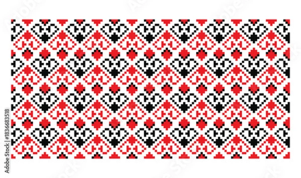Fototapeta Pixelated Endless Red Black Heart Ornament Pattern from Ukrainian Embroidery