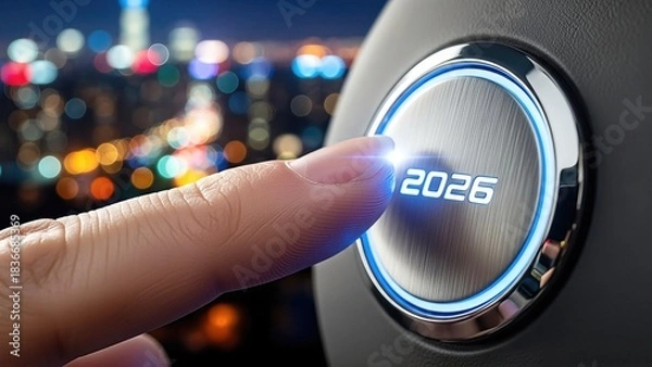 Obraz Futuristic car dashboard with digital 2026 button