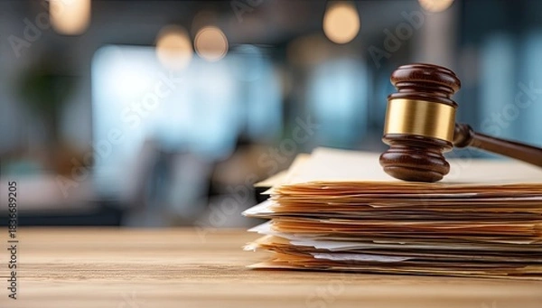 Fototapeta Wooden gavel resting atop a stack of legal documents on a wooden table