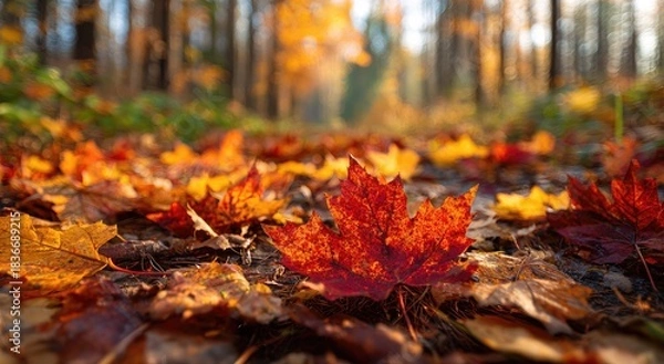 Fototapeta A vibrant forest path carpeted with fallen autumn leaves in warm hues