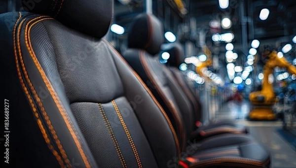 Fototapeta Row of sleek car seats with orange stitching, factory background