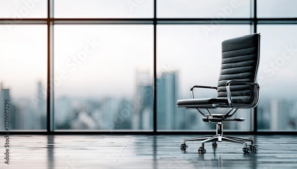 Fototapeta A sleek black office chair sits empty before a vast cityscape view