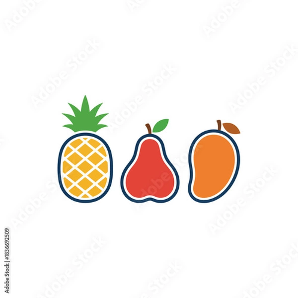 Fototapeta Fresh fruit icons a colorful pineapple pear and mango arranged perfect for illustrating healthy eating tropical flavors and vibrant nutrition.
