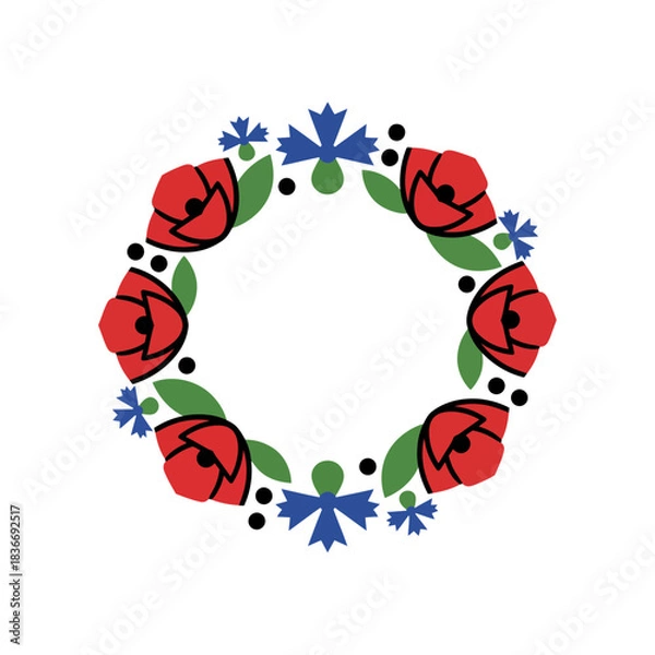 Fototapeta Floral wreath design with poppies and cornflowers a decorative circular pattern for invitations cards and graphic projects nature themed illustration.