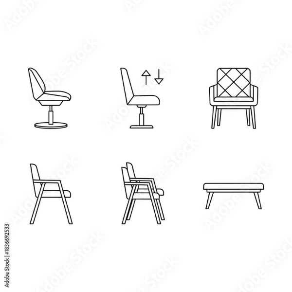 Fototapeta furniture design icons depicting chairs armchairs and bench designs showcasing contemporary and modern interior design elements perfect for design blogs