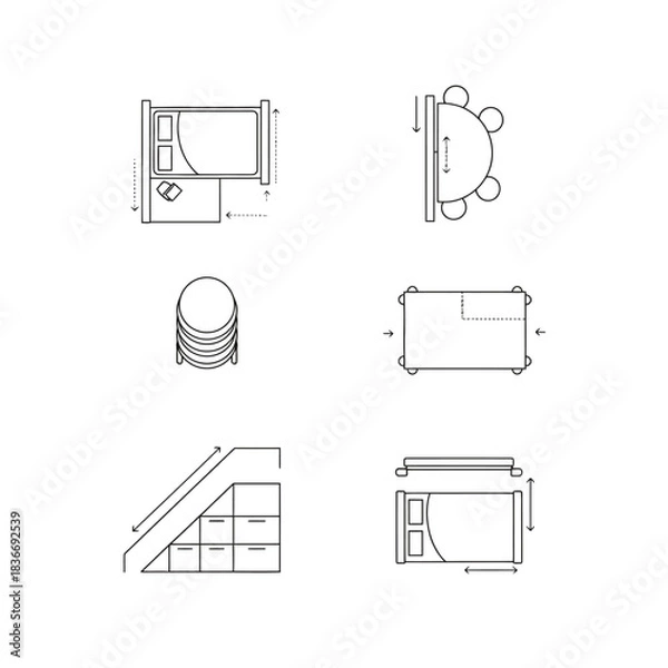 Fototapeta furniture floor plan icons of bedroom set table chairs stairs with storage illustrating home design and interior layout schemes.