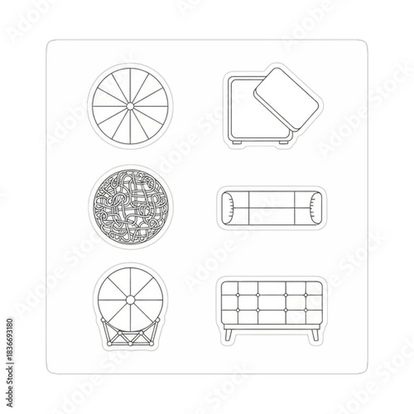Fototapeta furniture outline sticker sheet featuring lounge chair ottoman and coffee table perfect for interior design mockups and minimalist home decor projects.