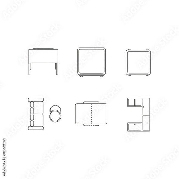 Fototapeta furniture layout plan showcasing arrangement of seating tables and cabinets in a top view blueprint ideal for interior design projects  space planning
