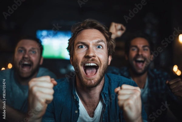 Fototapeta Men celebrating victory while watching a live sports match at home