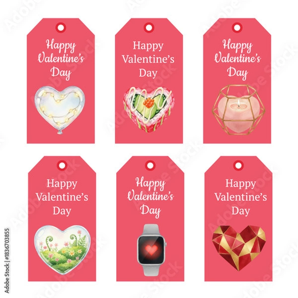Fototapeta Watercolor Valentine's Day Tags Collection with Heart Shaped Graphics