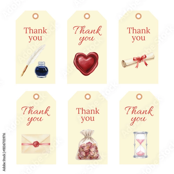Fototapeta Watercolor Thank You Tags Set with Vintage Writing and Seal Elements