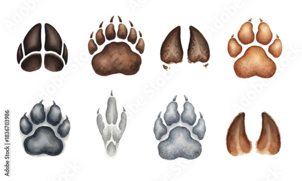 Fototapeta Watercolor Set of Assorted Animal Paw Prints and Tracks