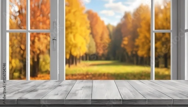 Fototapeta Empty soft gray Wooden table on bokeh autumn window view background
