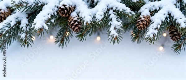 Fototapeta Christmas banner with snowy pine branches and cones on white background
