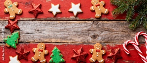 Fototapeta Christmas cookies banner with gingerbread men, stars and candy canes on rustic background
