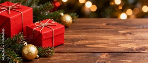 Fototapeta Christmas banner with red gift boxes, pine branches and golden baubles on wooden table
