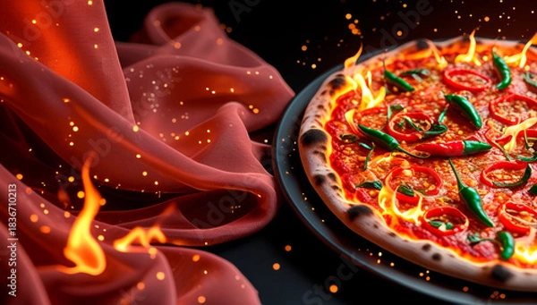 Fototapeta Burning Italian pizza with hot chili peppers on a black background in a fire flame, horizontal banner, free space for text and copy, Italian cuisine, great for pizzeria, cafe, advertising