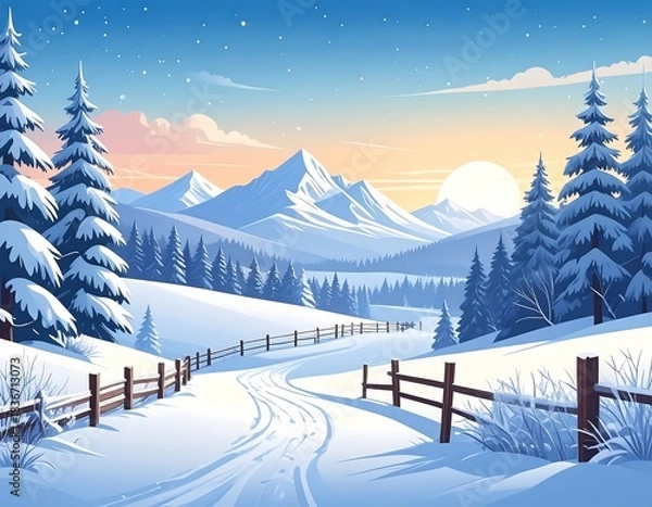 Fototapeta Snowy landscape with trees, mountains, a road, and a rising sun