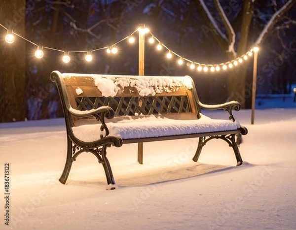 Fototapeta Snowy park bench, string lights illuminate the scene at night