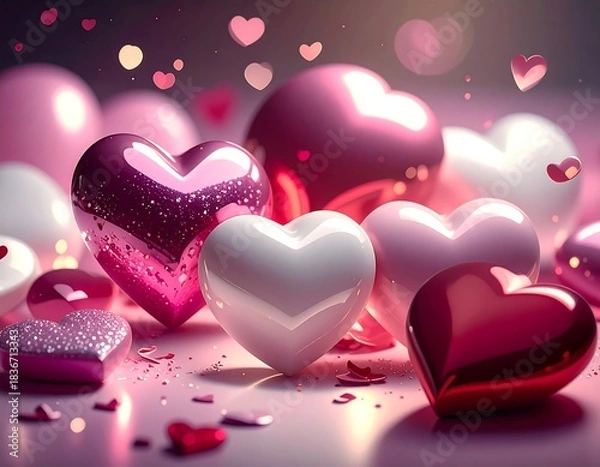 Fototapeta Soft and dreamy display of shiny, varying sizes of heart shapes