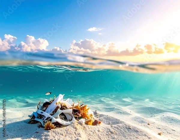 Fototapeta Split view Ocean pollution beneath bright sky, with sunlit water