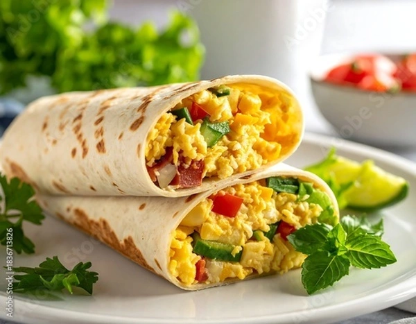 Fototapeta Stacked breakfast wraps with scrambled eggs and fresh ingredients