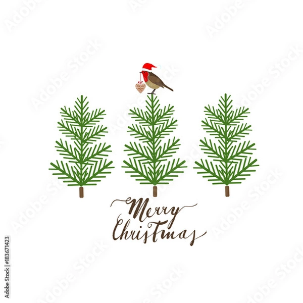 Obraz Robin, little bird with Santa Claus hat on a tree. Christmas greeting card, vector illustration