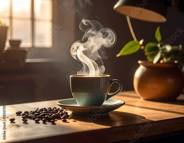 Fototapeta Steaming coffee in a mug on a table in sunlight with beans