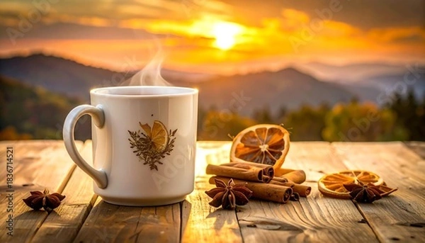 Fototapeta Steaming mug on rustic wood table, sunset mountains background